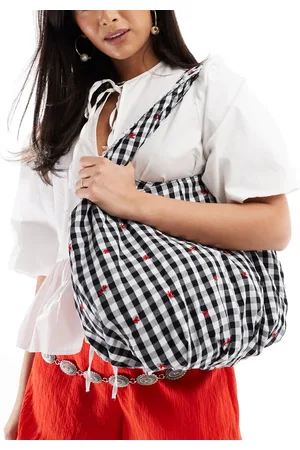 Bershka Flower embroidered shopper bag in black and white gingham
