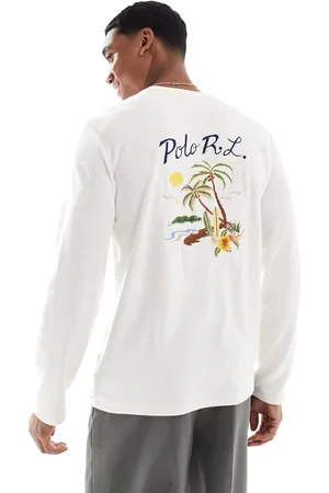 Ralph Lauren Back embroidered logo cotton terry long sleeve t-shirt in cream