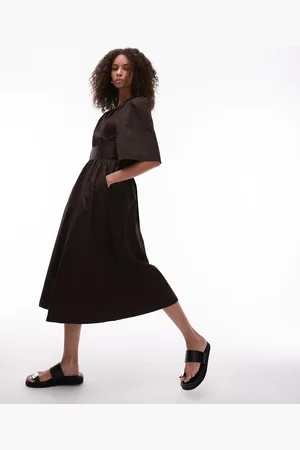 & OTHER STORIES Poplin midaxi dress with wrap front and puff sleeves in