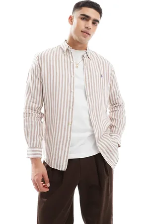Ralph Lauren Icon logo stripe linen shirt custom fit in beige/white