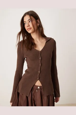 ASOS Rib v neck collared cardigan in chocolate