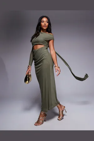 ASOS One sleeve with open back with sash detail and mesh inserts midaxi dress in khaki