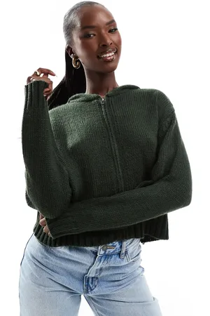 Aria Cove Cropped knitted zip through hoodie in dark