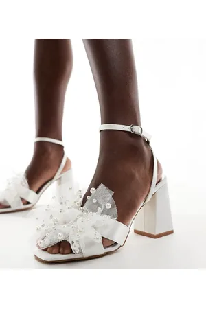 Be Mine Bridal Issa tulle pearl bow block heel sandals in ivory