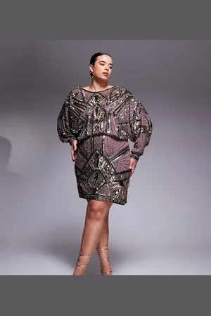 ASOS ASOS DESIGN Curve linear embellished batwing mini dress with cowl back in dusky lilac
