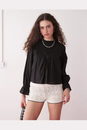 Reclaimed Smock top with flare sleeve and lace inserts in