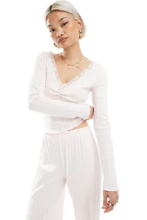 Miss Selfridge Lace trim pointelle long sleeve top co ord in