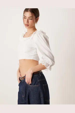 Glamorous Ruffle neckline crop top in off