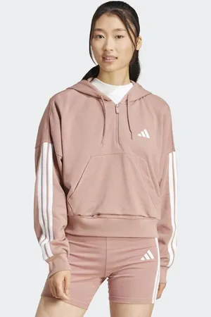 adidas Essentials 3-stripes french terry quarter-zip hoodie in warm clay / white