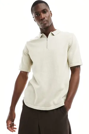 ASOS Knitted midweight cotton quarter zip polo in stone