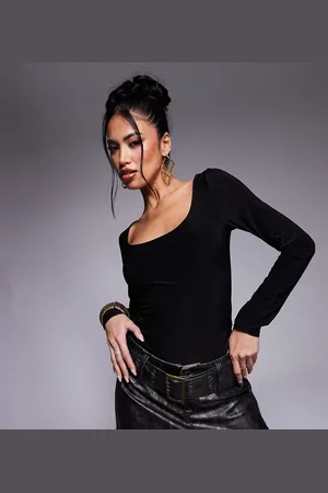 Fashionkilla Exclusive sculpted double layered slinky scoop neck long sleeve body in
