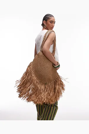 Topshop Sandy straw bag with tassels in natural