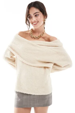ASOS Chunky wrap bardot knitted jumper in stone