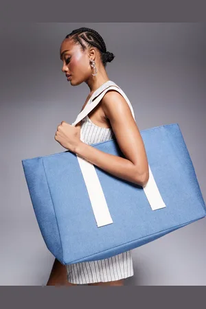 South Beach Denim look large canvas tote bag with contrast strap in