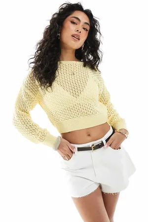 Miss Selfridge Slash neck crochet long sleeve top in lemon