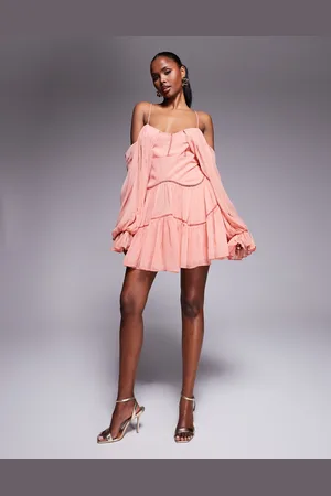 ASOS Draped off shoulder tiered mini dress with lace inserts in dusky rose