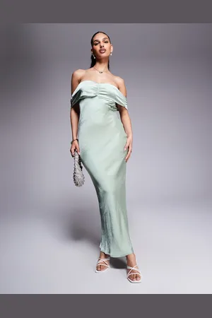 Princess Polly Satin bardot ruched front detail maxi dress in sage