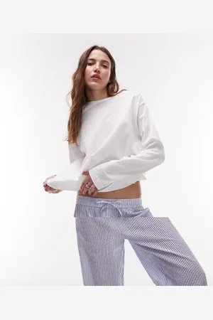 MANGO Cotton long sleeve top and seersucker trouser pyjama set in white & stripe