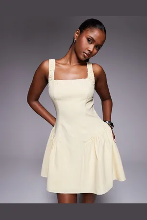 Kaiia Exclusive square neck ruched lace trim hip pleat detail mini dress in yellow gingham