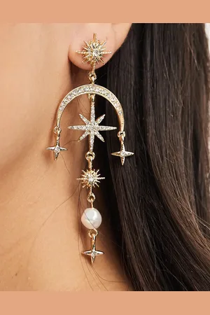 ASOS Drop earrings with celestial crystal and faux pearl detail in tone