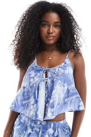Monki Co-ord poplin pyjama cami top with tie front in French renaissance print