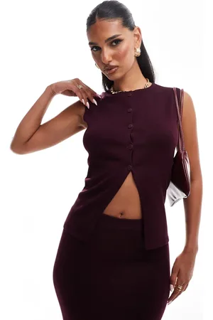 Kaiia Exclusive fine knit button through longline waistcoat co-ord in burgundy