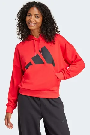 adidas Essentials big logo french terry loose hoodie in pure ruby / black