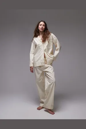 MANGO Cotton wide leg pyjama trouser co-ord in buttermilk