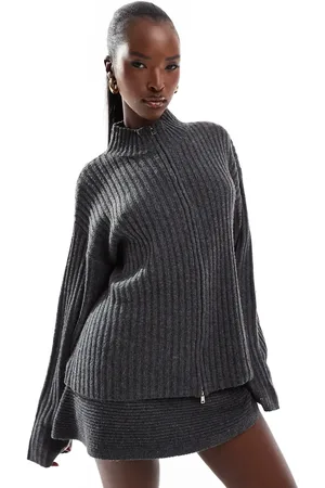 Kaiia Exclusive zip through ribbed knit jumper co-ord in charcoal