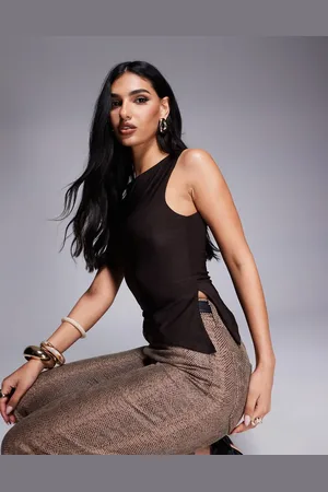 Kaiia Exclusive slinky sleeveless asymmetric side split top in chocolate