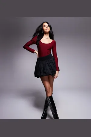 Fashionkilla Exclusive sculpted double layered slinky scoop neck long sleeve body in burgundy