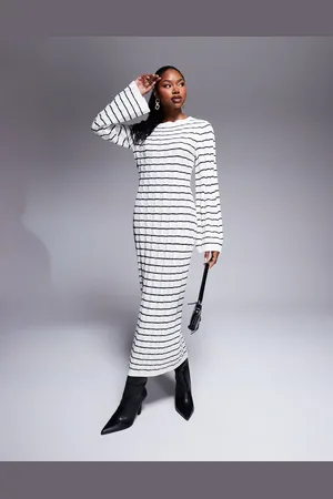 Kaiia Exclusive knitted maxi jumper dress in black and cream stripe