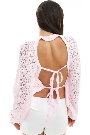 Miss Selfridge Knitted crochet tie back jumper in pink
