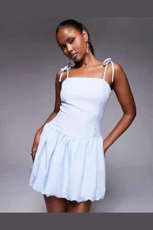 Kaiia Exclusive tie shoulder puffball mini dress in blue gingham