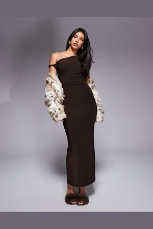 Kaiia Exclusive slinky bodycon off shoulder twist strap maxi dress in chocolate