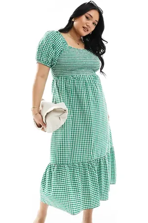 Esmée Off shoulder puff sleeve gingham ruched bust maxi beach dress in dark