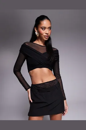Missyempire Double layered slinky & mesh crossover top in
