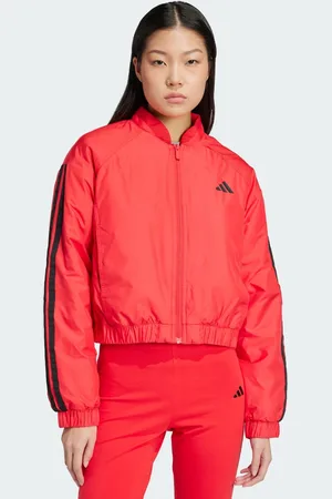 adidas Essentials 3-stripes insulated crop bomber jacket in pure ruby