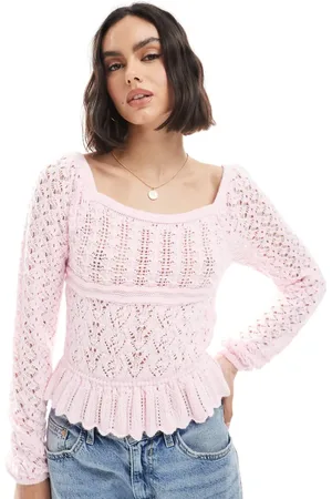 Miss Selfridge Crochet long sleeve peplum knit top in soft pink