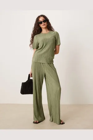 VILA Wide leg plisse trouser co-ord in oil