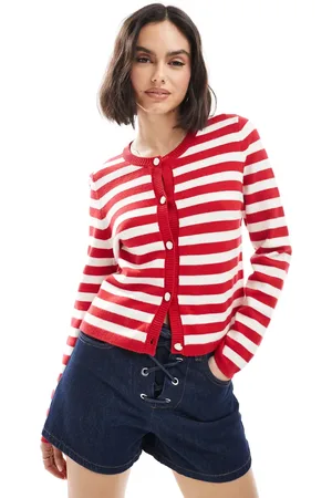 French Connection Boxy button up cardigan in red and white stripe
