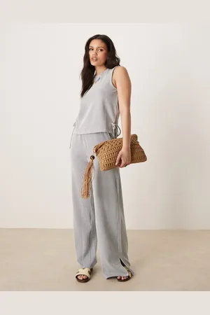 VILA Textured stripe wide leg trouser co-ord in and cream