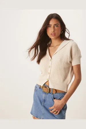 ASOS Knitted structured collar short sleeve cardigan with gold buttons in cream
