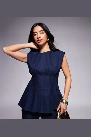 River Island Pintuck denim poplin top co-ord in darkwash blue