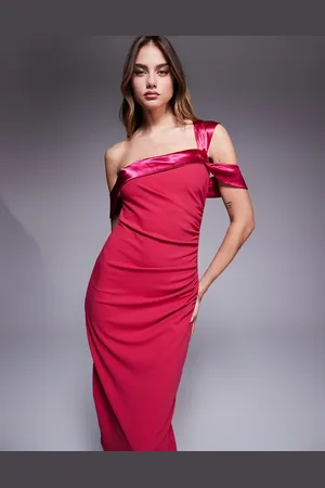 Goddiva One shoulder satin band bodycon midi dress in magenta