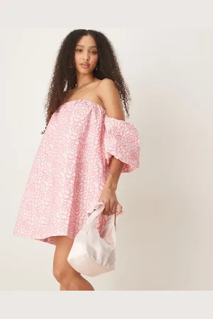 Y.A.S Textured rose jaquard off shoulder mini dress in