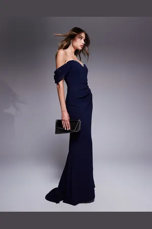 Goddiva Off the shoulder draped sleeve maxi dress with diamante neckline in