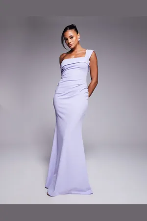 Goddiva Off the shoulder pleated waist maxi dress in lilac