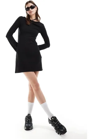 Weekday Serena boat neck long sleeve mini dress with trumpet sleeves in