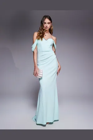 Goddiva Off the shoulder draped sleeve maxi dress with diamante neckline in mint